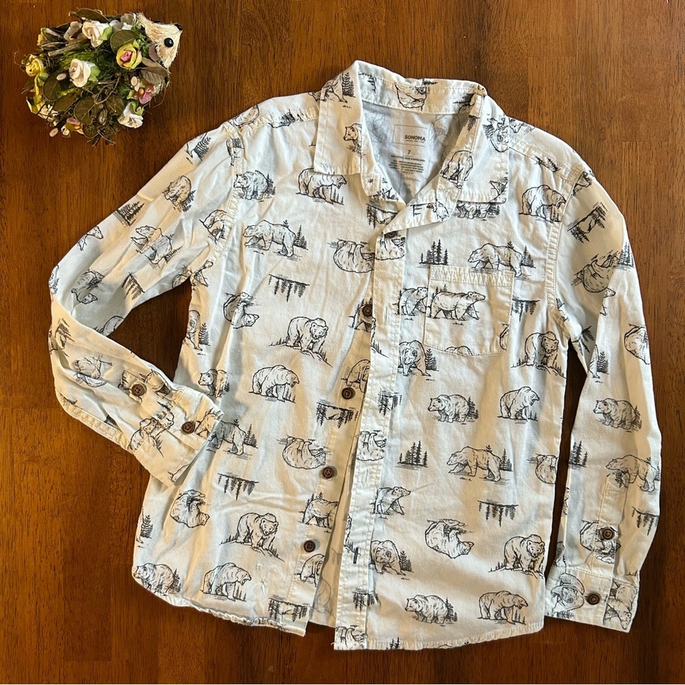 Woodland Bear Button-Up Shirt | Boys Size 7 | Nature Sketch Print | Sonoma